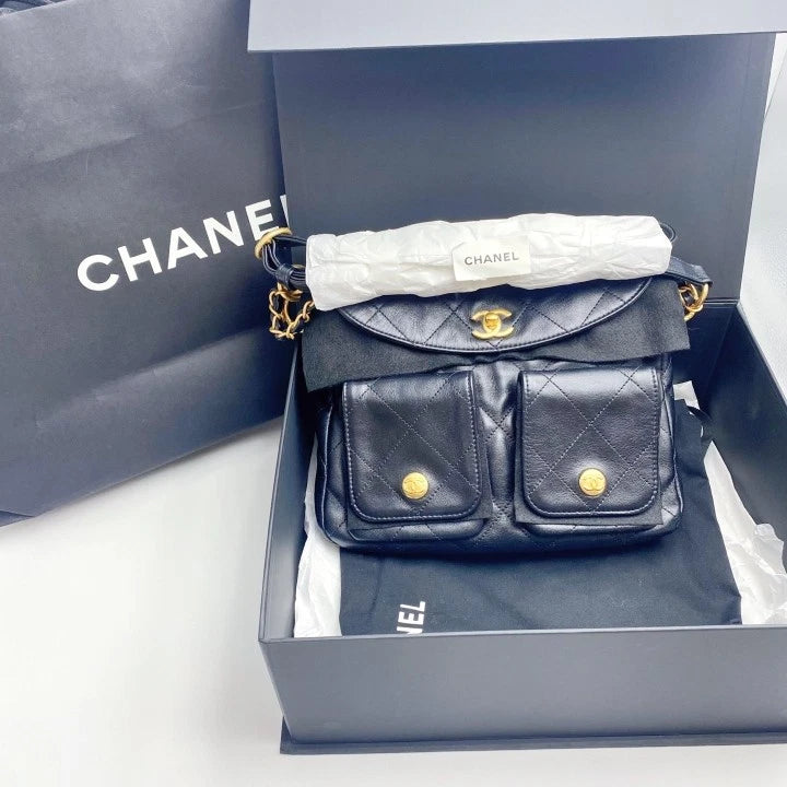 CHANEL 24P Black Calfskin Hobo Mini Messenger Bag For Women
