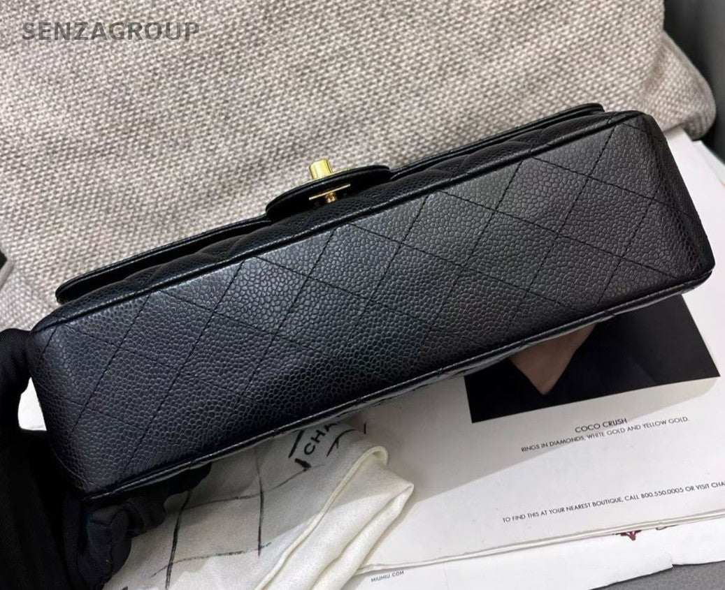 Chanel Classic Flap MM Calfskin Chain Shoulder Bag Crossbody Black Gold Women