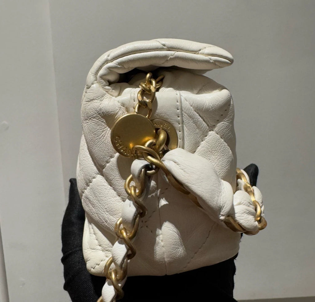 Chanel Diamond Hobo Chain Top Handle Bag Crossbody White Gold Used Women Classic
