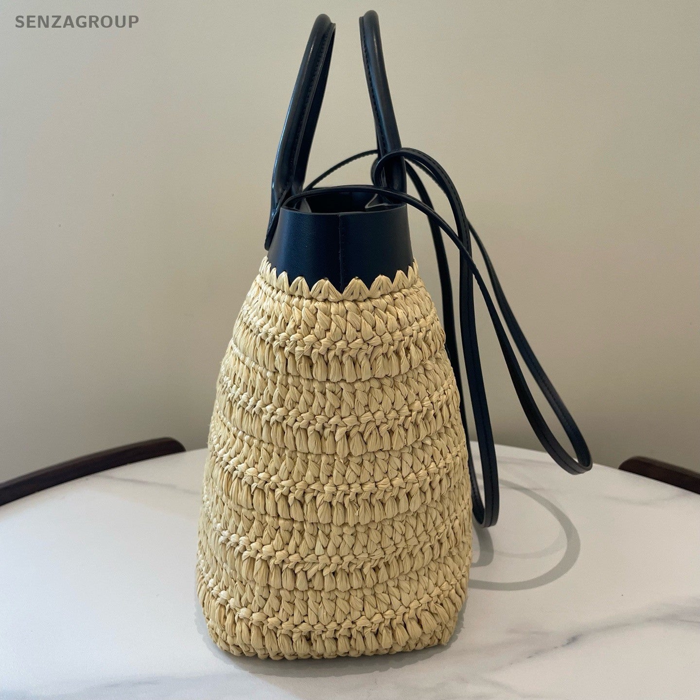 Prada Raffia Tote Top Handle Bag Beige Black Used Women Classic Fashion