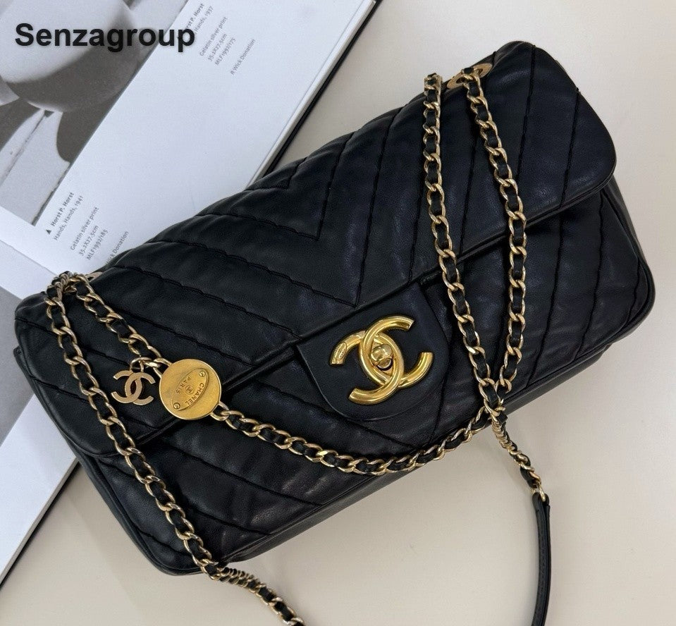 Chanel Classic Flap PM Calfskin Chain Shoulder Bag Crossbody Black Gold Women