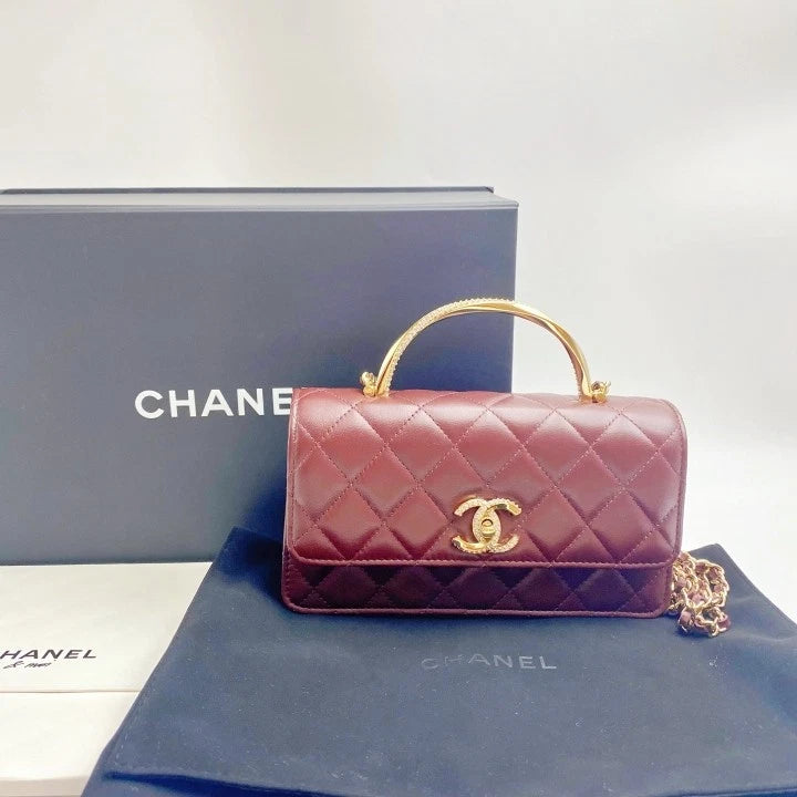 CHANEL Dark Brown Quilted Lambskin Chain Shoulder Bag For Women