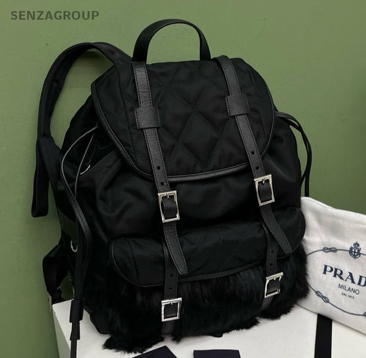 Prada Quilted Faux Fur Backpack Black Silver Unisex Adults Classic