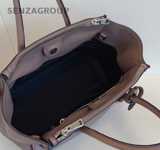 Prada Batwing Bag 2Way Top Handle Bag Crossbody Brown Silver Women Classic