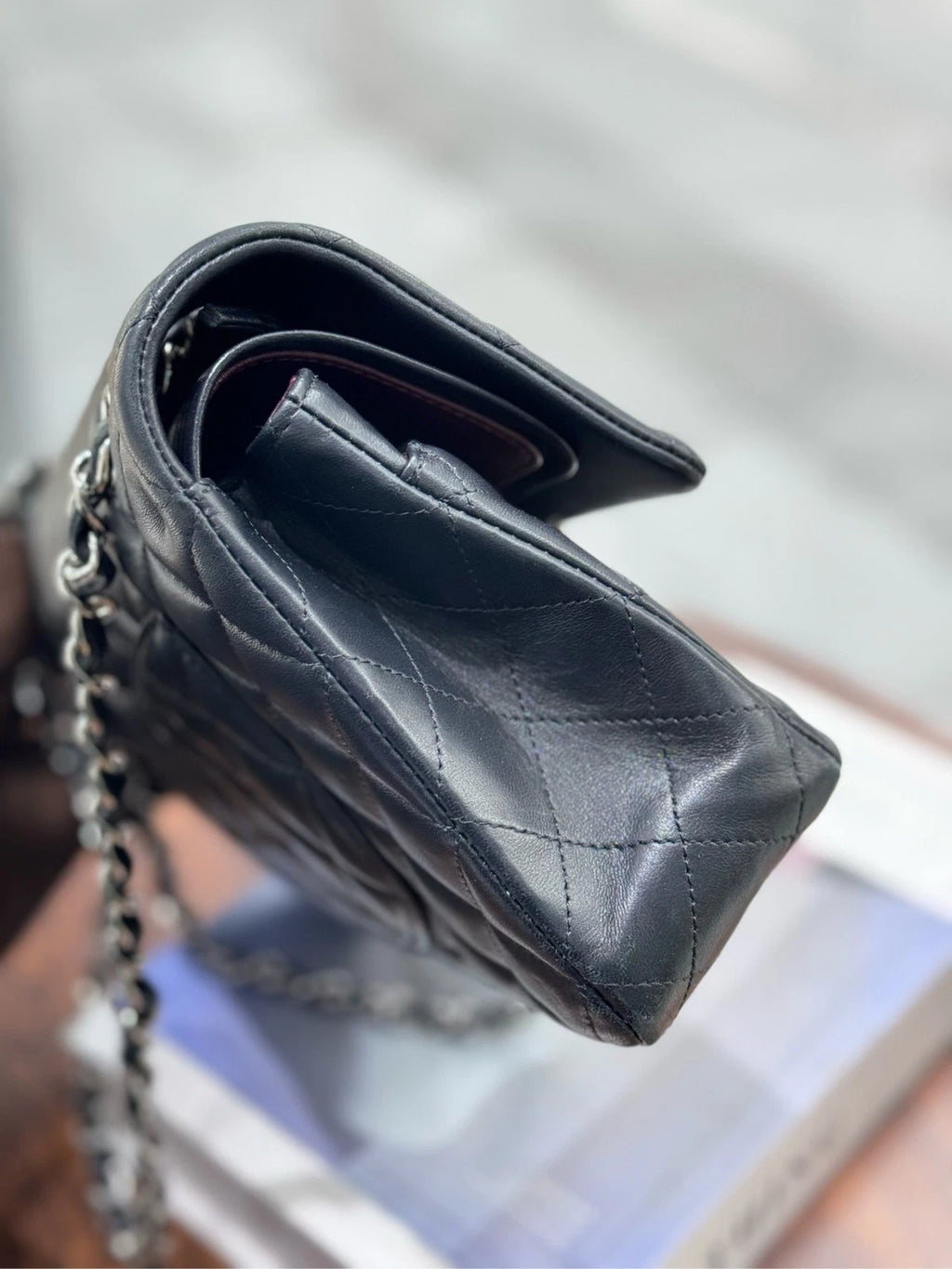 CHANEL Black Silver Lambskin Medium CF Shoulder Bag For Women Pre-owned