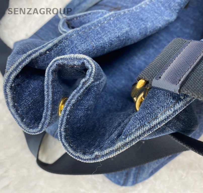 Prada Beach Bag 2Way Handbag Crossbody Blue Gold Women Classic Fashion