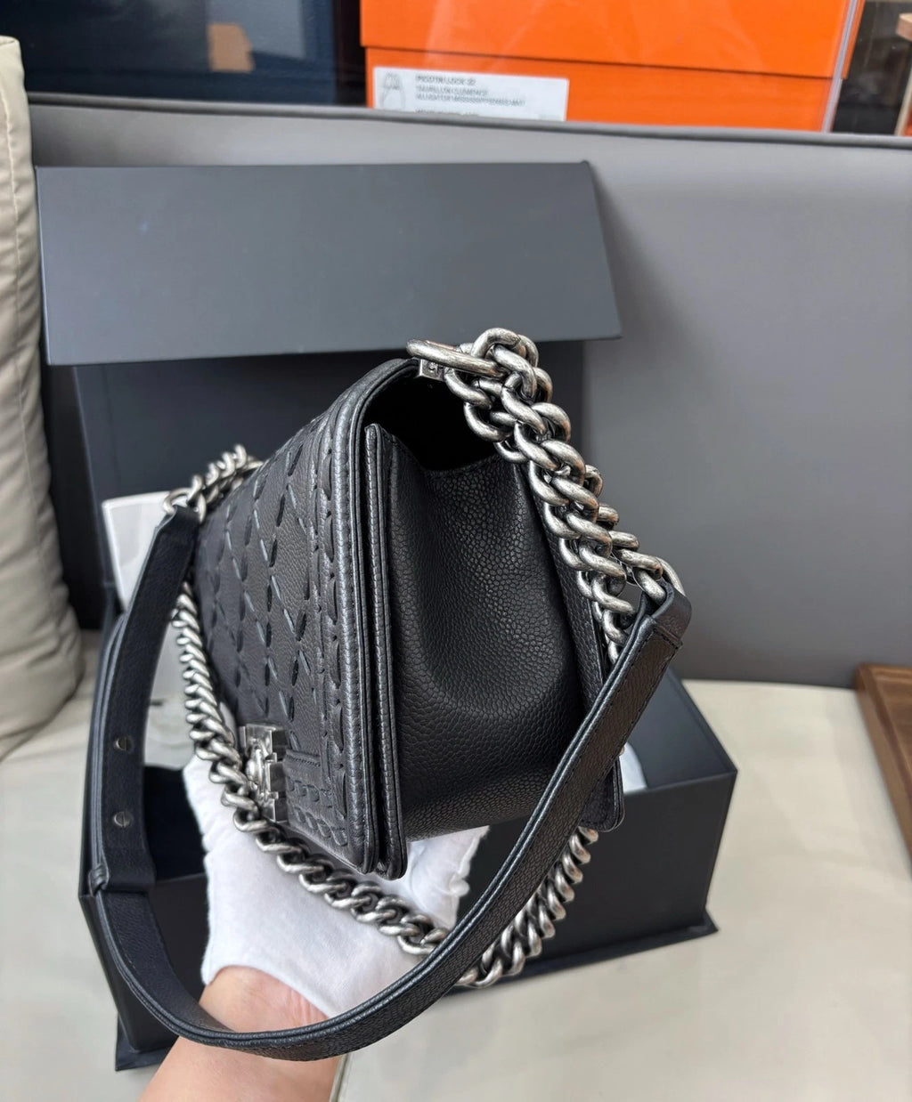 Chanel Le Boy Medium Edition Crossbody Shoulder Bag Black Silver Women Classic