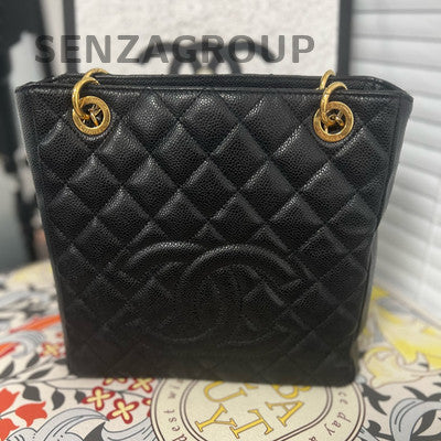 Chanel Black Gold PST Tote Chain Shoulder Bag Quilted Classic Women