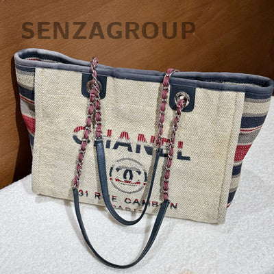 Chanel Beige Striped Tote Beach Bag Chain Strap Shoulder Bag Women