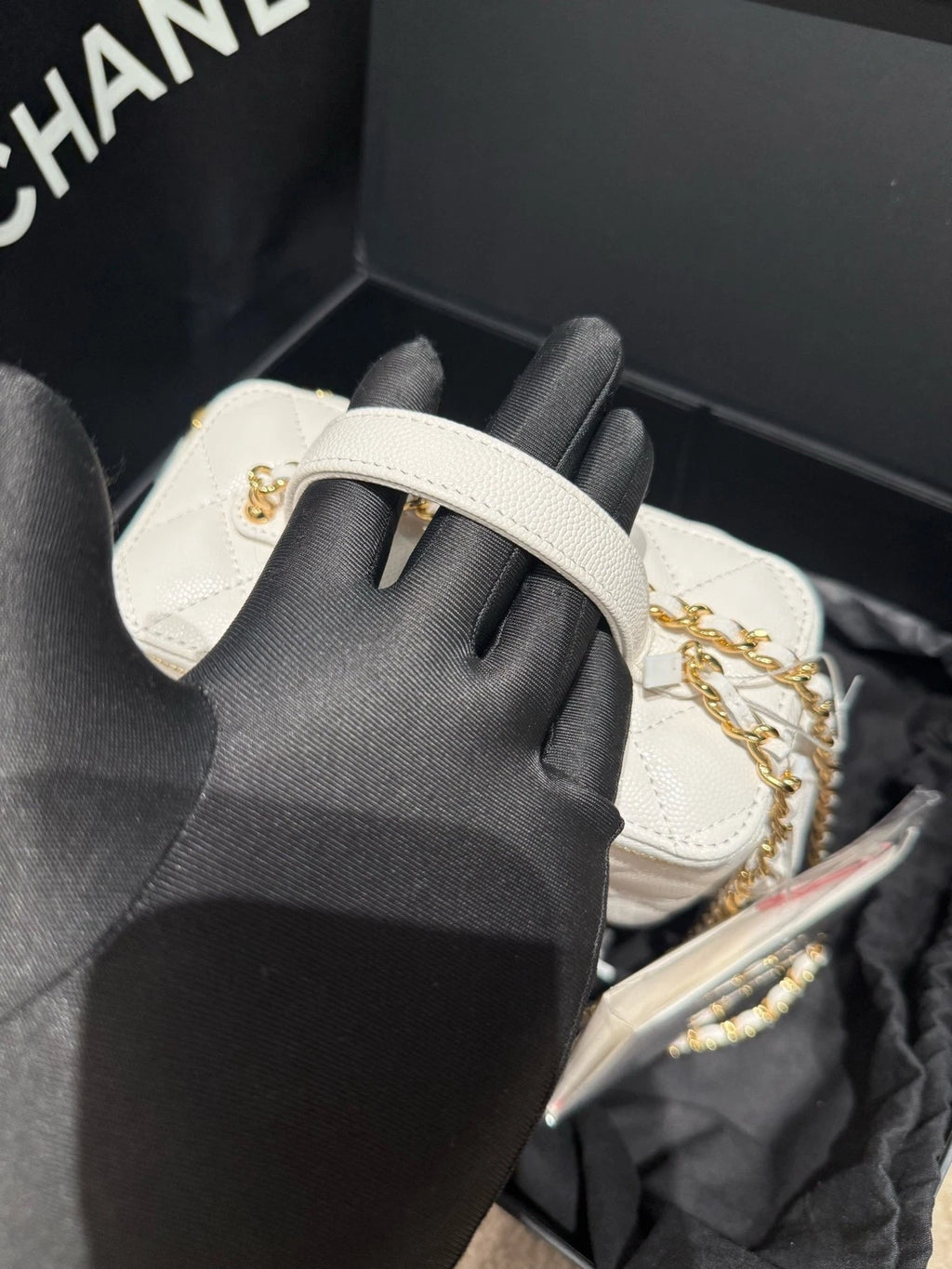 CHANEL 23 Chip Cargo Shoulder Bag White Gold Leather For Women