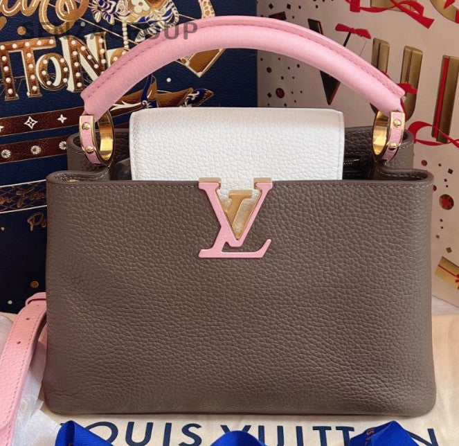 Louis Vuitton Capucines BB Top Handle Bag Crossbody Gray Pink Used Women Classic
