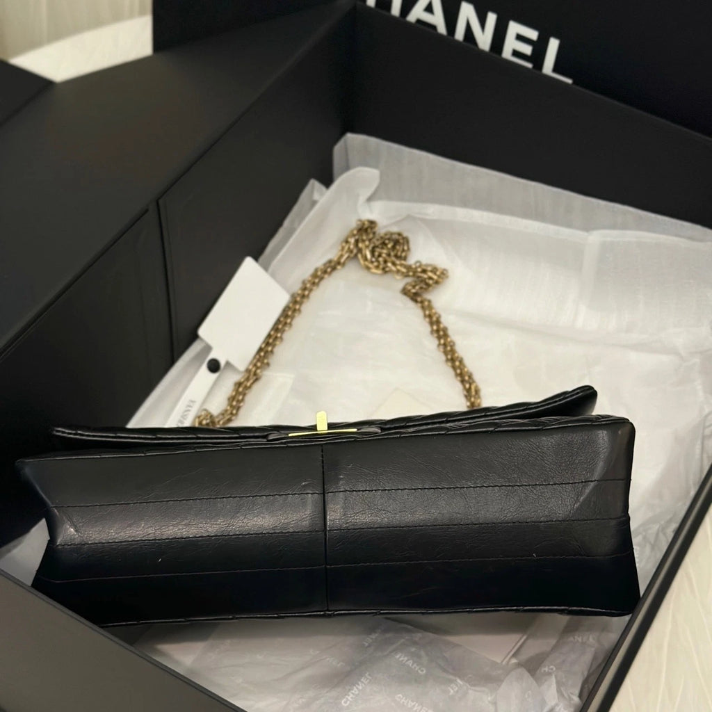 CHANEL Black Gold Waxed Calfskin 2.55 Medium Chain Shoulder Bag Women