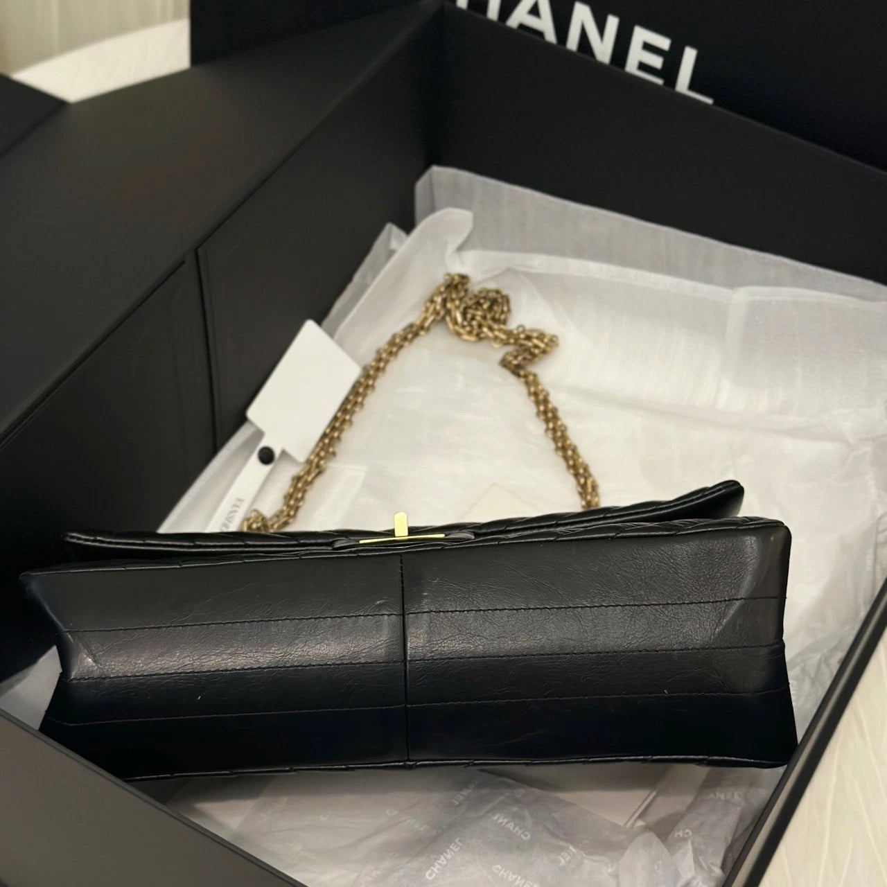 CHANEL Black Gold Waxed Calfskin 2.55 Medium Chain Shoulder Bag Women