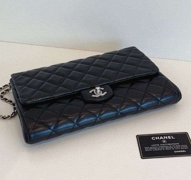 Chanel Timeless Chain Lambskin Shoulder Bag Black Silver Diamond Women Classic
