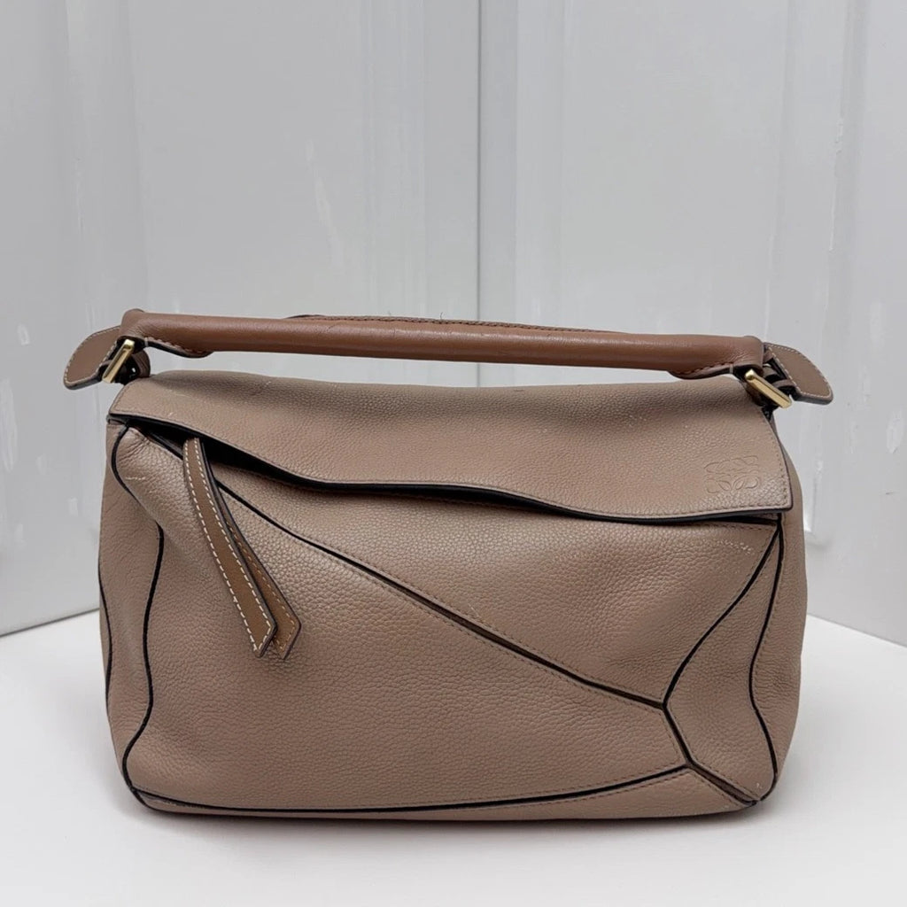 Loewe Puzzle Calfskin Top Handle Crossbody Bag Beige Gold Hardware Women