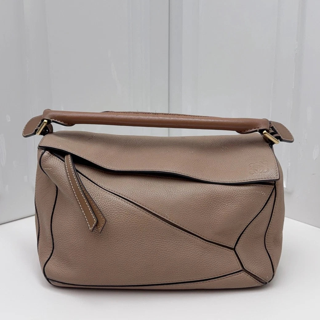 Loewe Puzzle Calfskin Top Handle Crossbody Bag Beige Gold Hardware Women