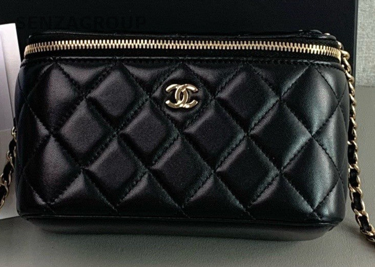 Chanel Quilted Lambskin Long Cosmetic Case Shoulder Crossbody Bag Black Women