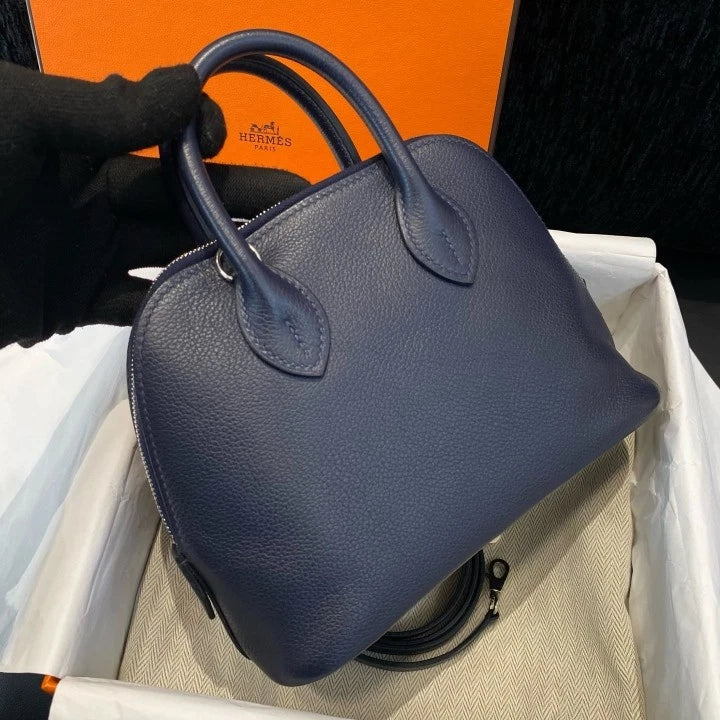 Hermes Bolide Mini Top Handle Bag Crossbody Navy Silver Women Classic D