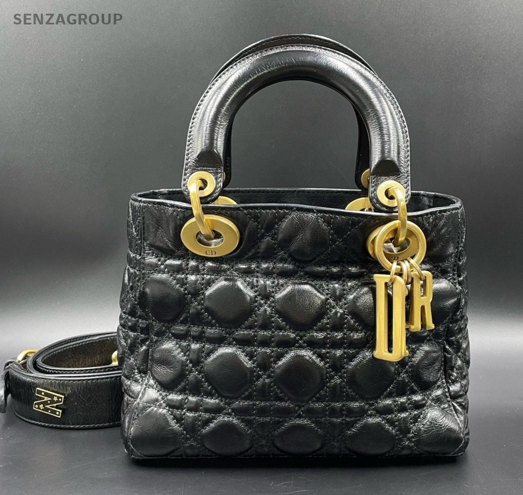 Christian Dior Lady Dior Cannage Top Handle Bag Crossbody Black Gold Women