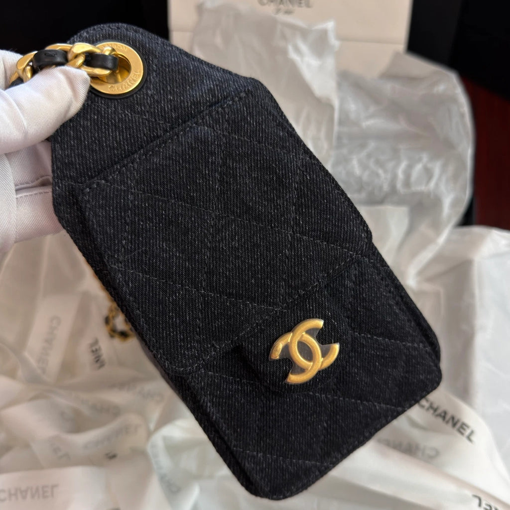 New Chanel 25Bag Mini Black Denim Gold Chain Shoulder Bag Diamond with Dust Bag
