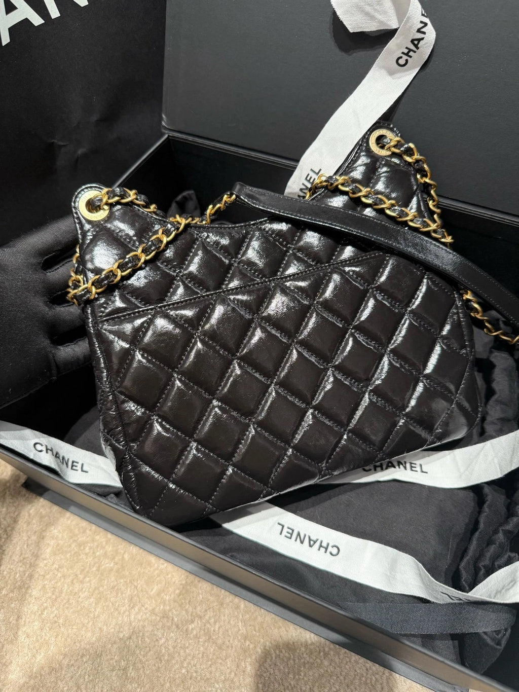 New CHANEL Black Lambskin Hobo Shoulder Bag For Women
