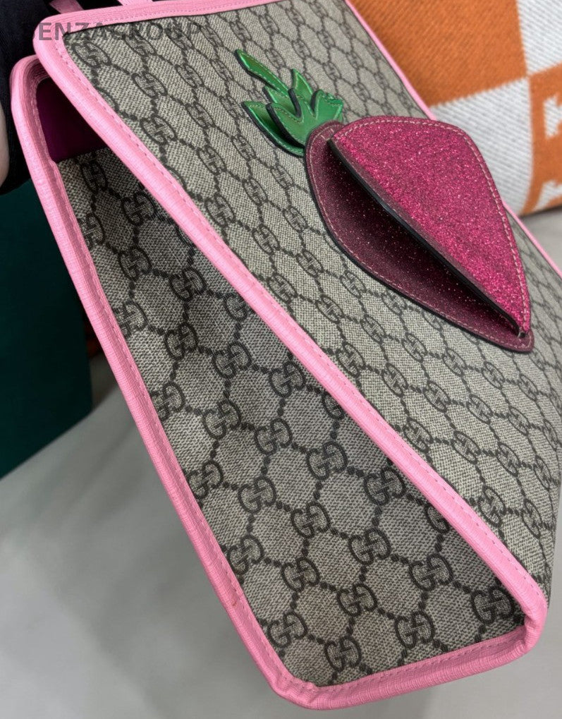 Gucci Strawberry Tote Handbag Beige Pink Used Women Classic Designer