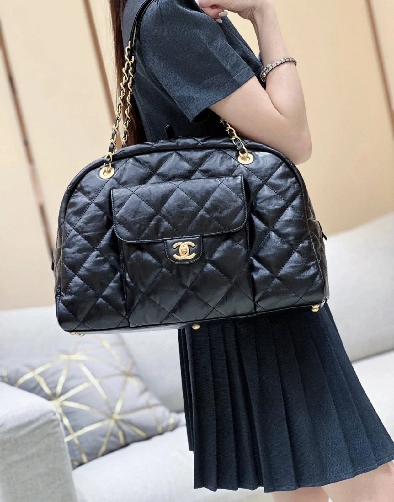CHANEL Large Capacity Bowling Bag Waxed Leather For Women