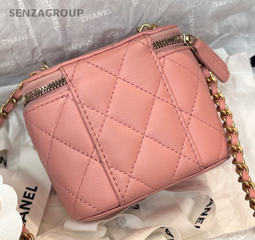Chanel Vanity Case Chain Shoulder Bag Crossbody Pink Gold Women Diamond Fashion