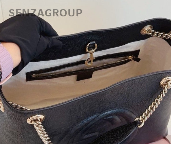 GUCCI Soho Tote Calfskin Leather Chain Shouder Bag Black White Women Classic