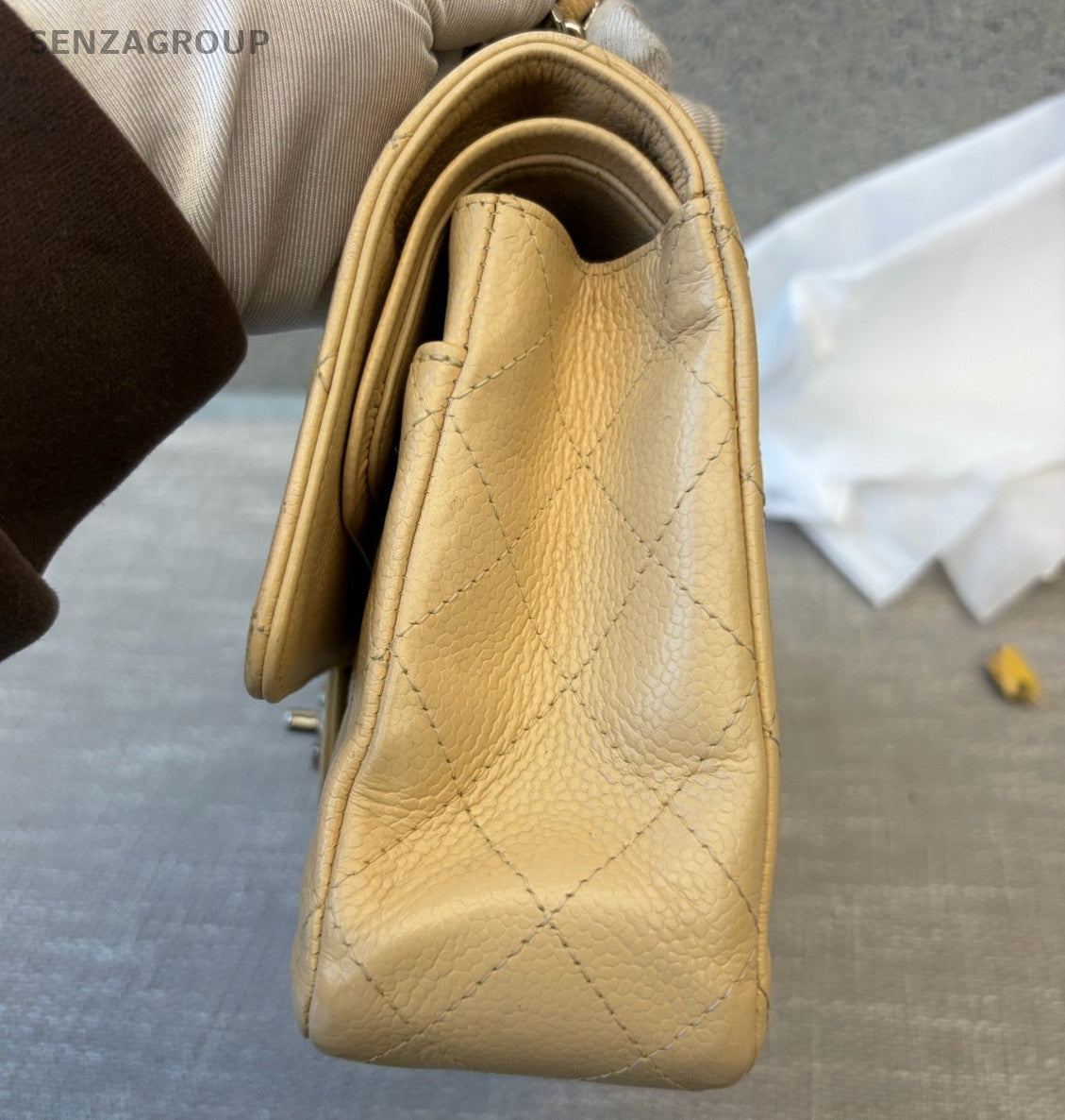Chanel Classic Flap MM Chain Shoulder Bag Crossbody Beige Gold Women Diamond