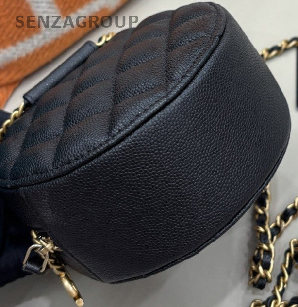 Chanel Calfskin Leather Round Chain Top Handle Bag Crossbody Black Gold Women