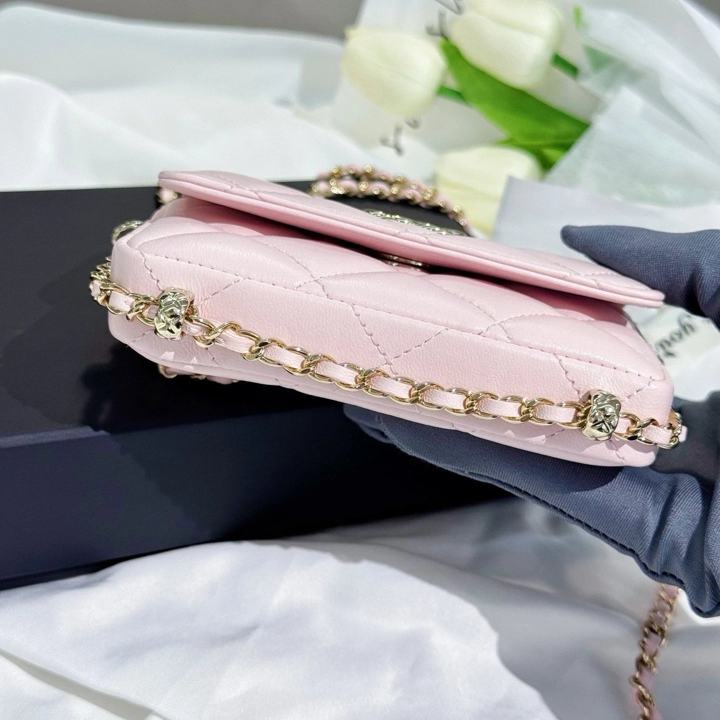 CHANEL Pink Leather Mini Chain Crossbody Bag For Women