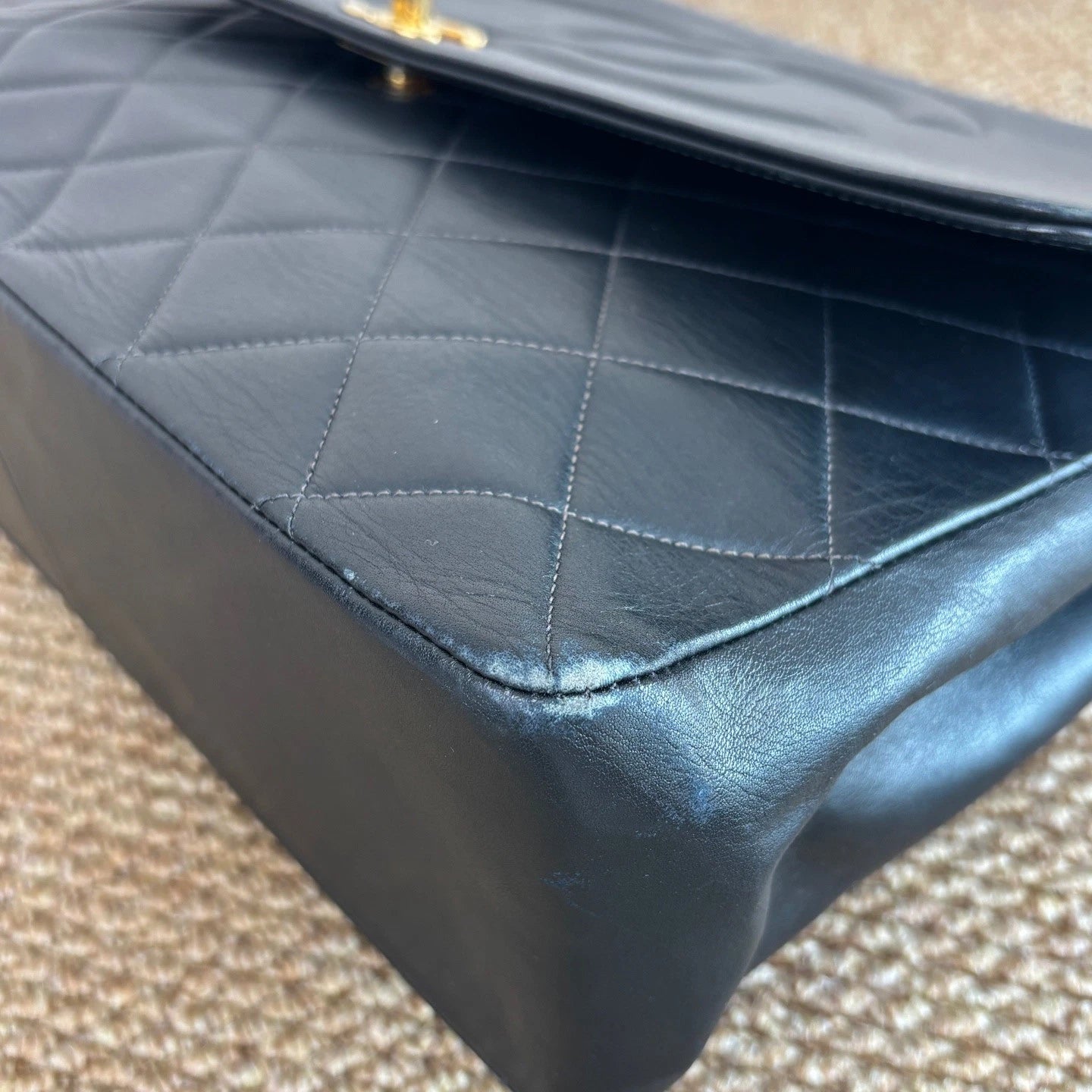Chanel Diamond Lambskin Chain Shoulder Bag Black Gold Used Women Classic