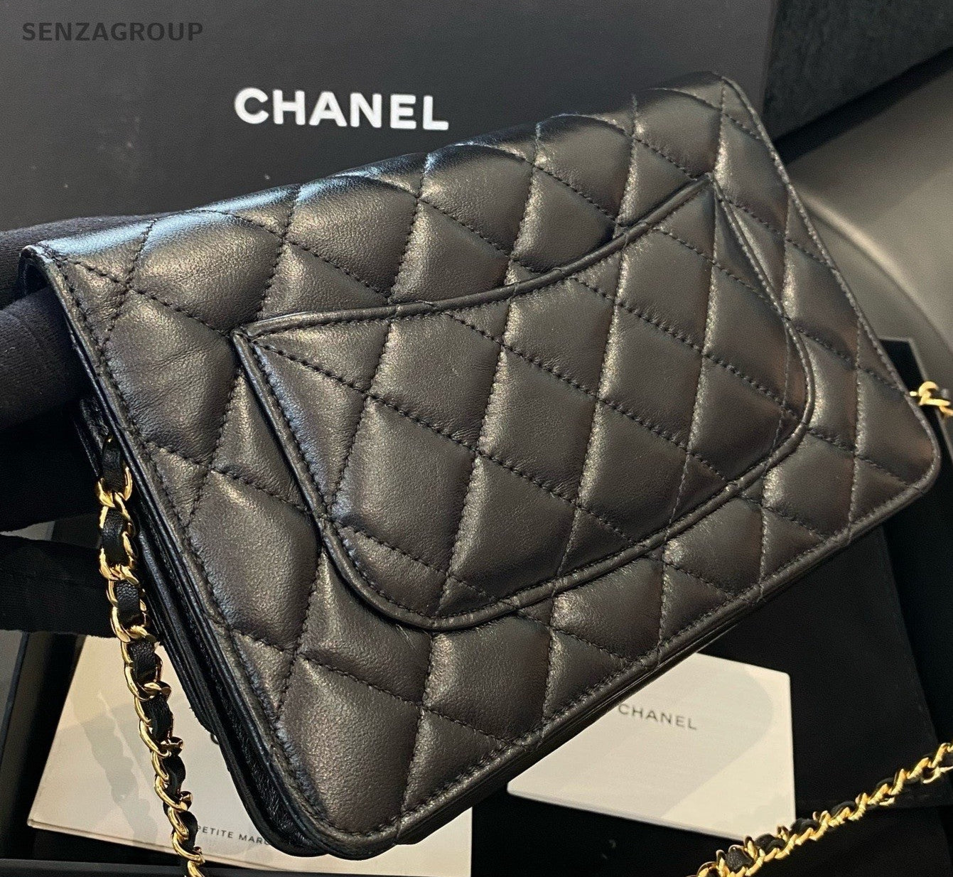 Chanel WOC Chain Diamond Shoulder Bag Crossbody Black Gold Women Classic