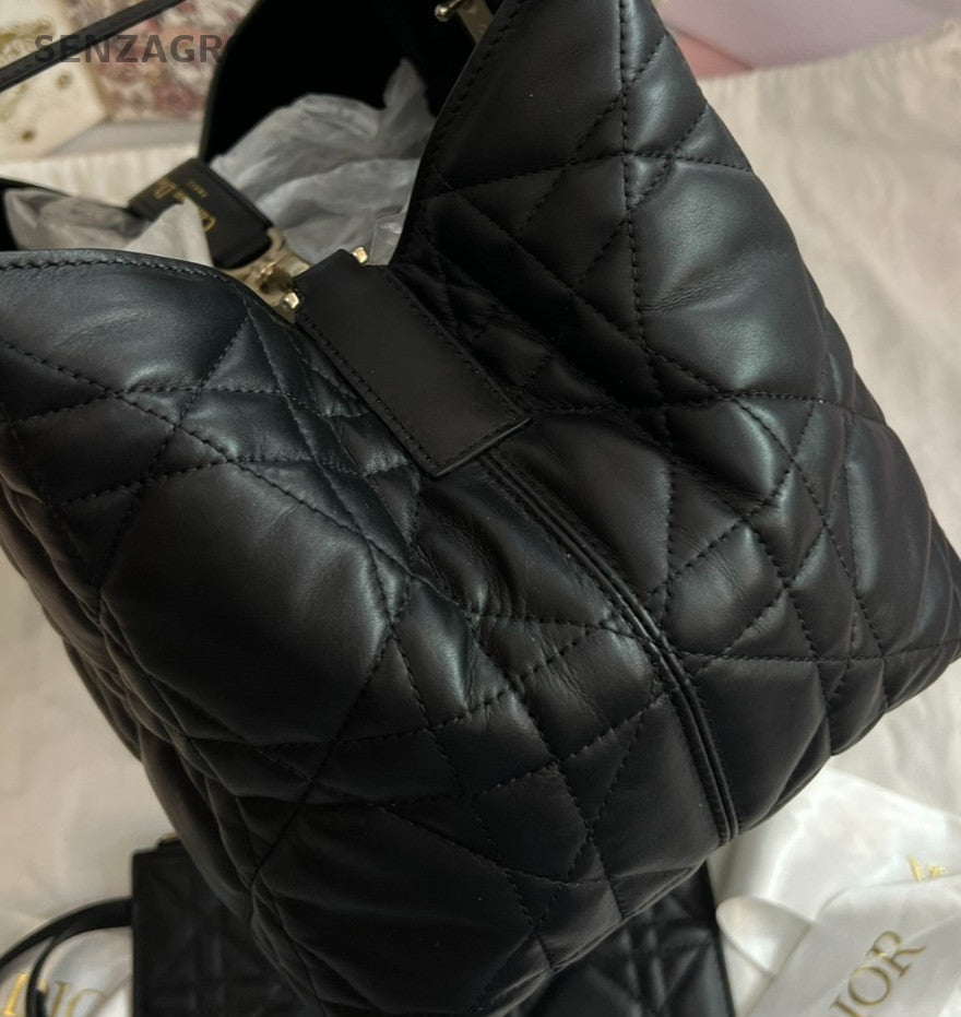 Chrisitian Dior Toujours MM Calfskin Top Handle Bag Black Gold Women Classic