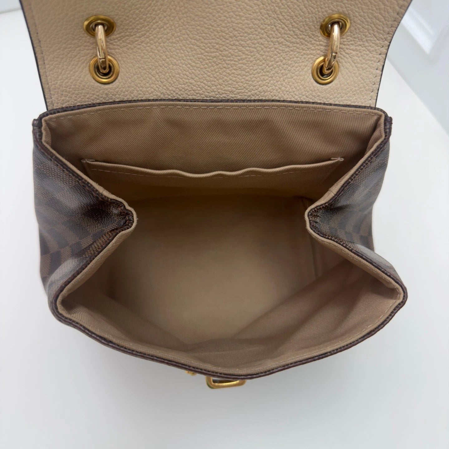 Louis Vuitton Clapton Damier Ebene Backpack Beige Brown Gold Women Classic