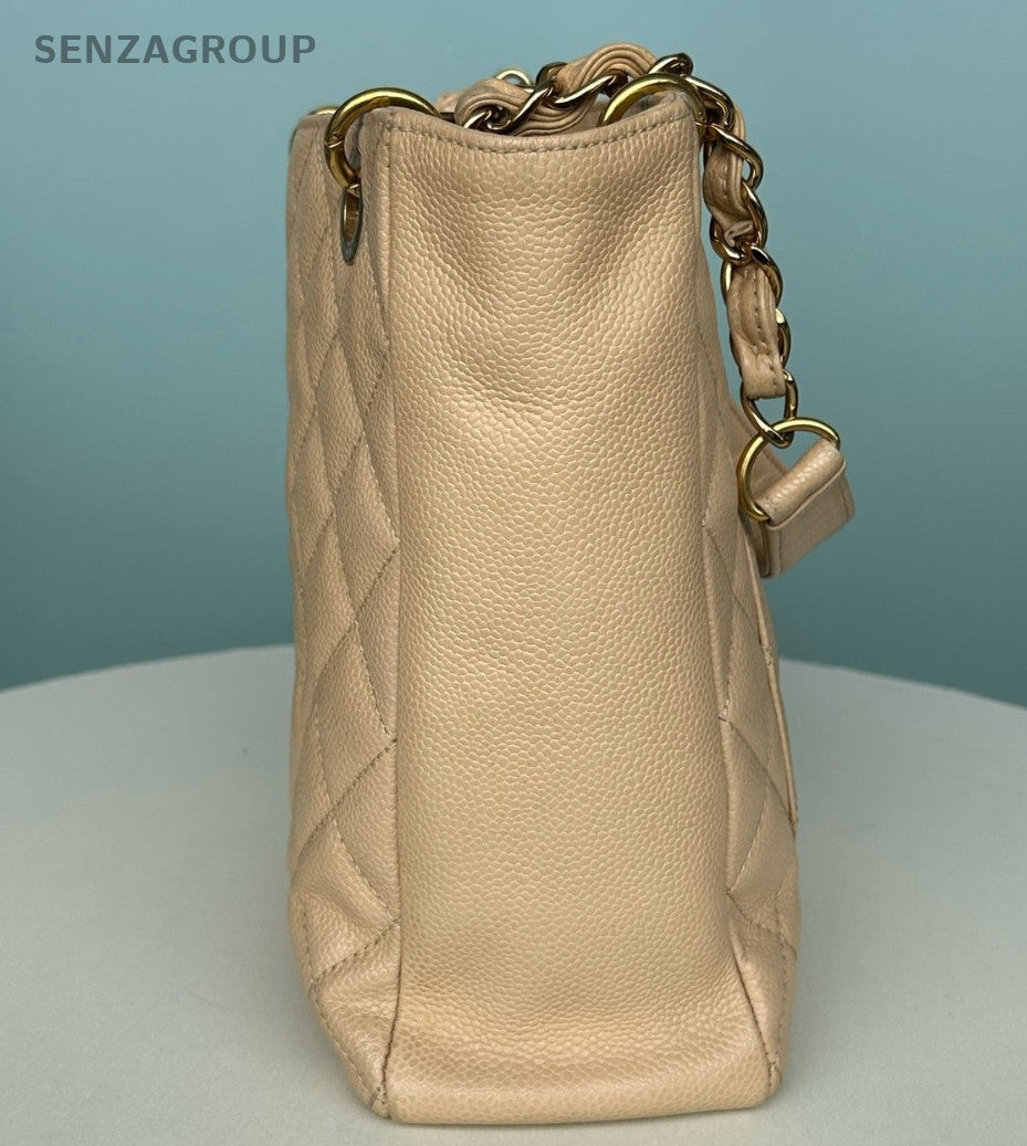 Chanel PST Chain Calfskin Diamond Shoulder Bag Beige Gold Women Classic