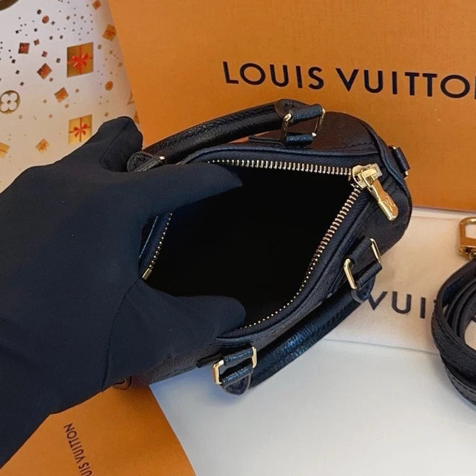 Louis Vuitton Speedy Nano Calfskin Top Handle Bag Crossbody Black Gold Women