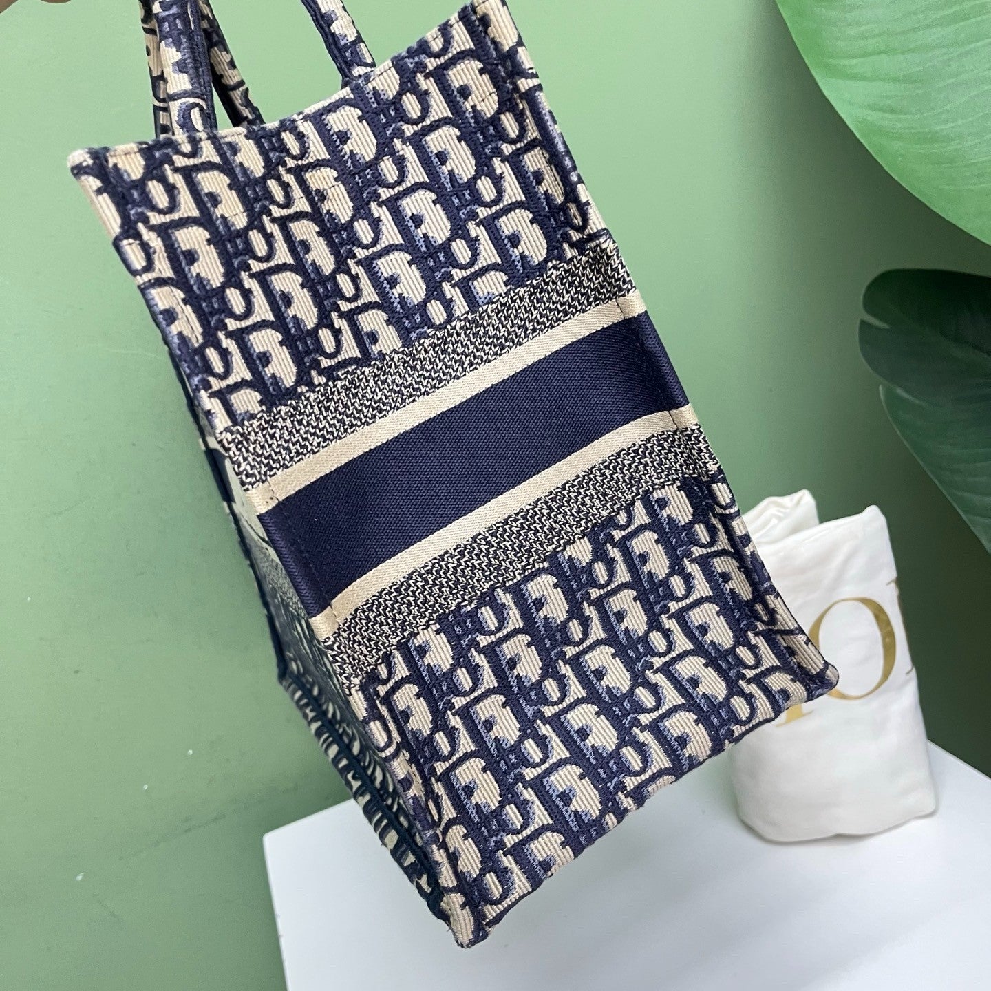 Christian Dior Oblique MM Tote Top Handle Bag Blue White Used Women Classic