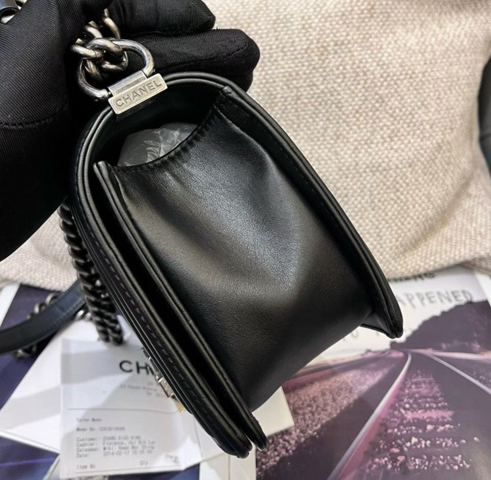 Chanel Leboy MM Chain Calfskin Black Silver Shoulder Bag Crossbody Women Classic