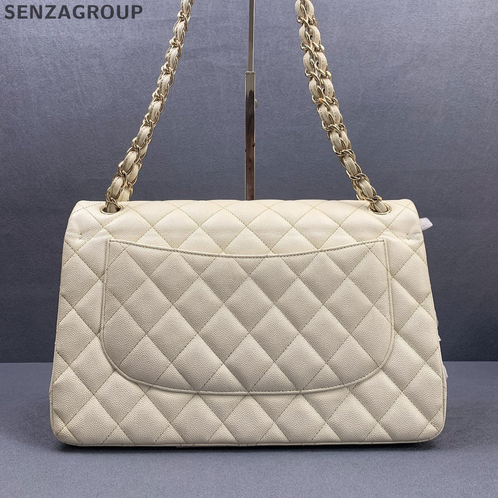 Chanel Classic Flap Jumbo Bag White Gold Chain Shoulder Crossbody