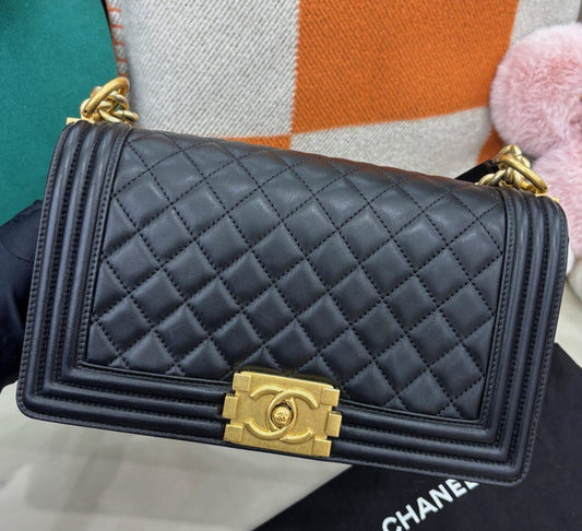 Chanel Leboy MM Lambskin Chain Shoulder Bag Black Gold Diamond Women Classic