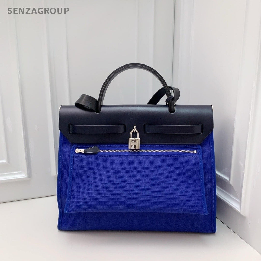 HERMES herbag Canvas Leather  Handbag Shoulder Crossbody Bag Women Blue