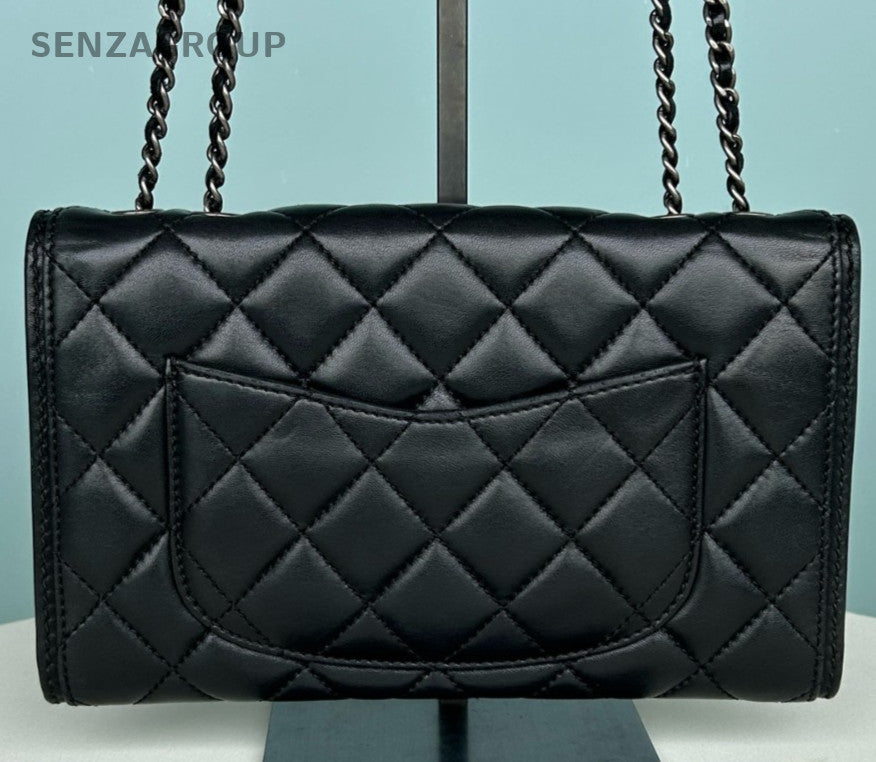 Chanel WOC Lambskin Chain Diamond Shoulder Bag Crossbody Black Silver Women
