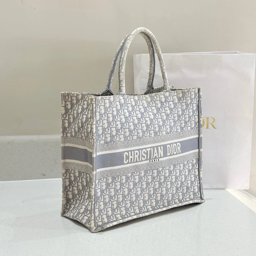 Dior Gray Embroidered Canvas Large Tote Bag For Women