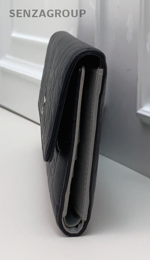 Chanel Printed Embossing Long Wallet Black Silver Used Women Classic Designer