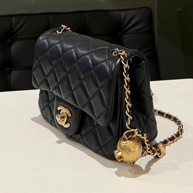 CHANEL Black Lambskin Gold Ball Mini Square Crossbody Bag For Women