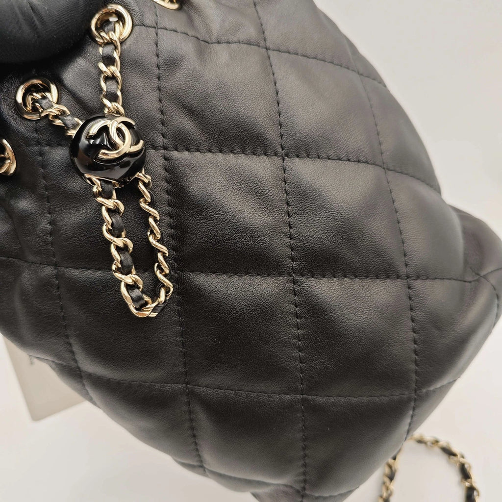 CHANEL Mini Black Gold Hardware Bucket Drawstring Backpack For Women