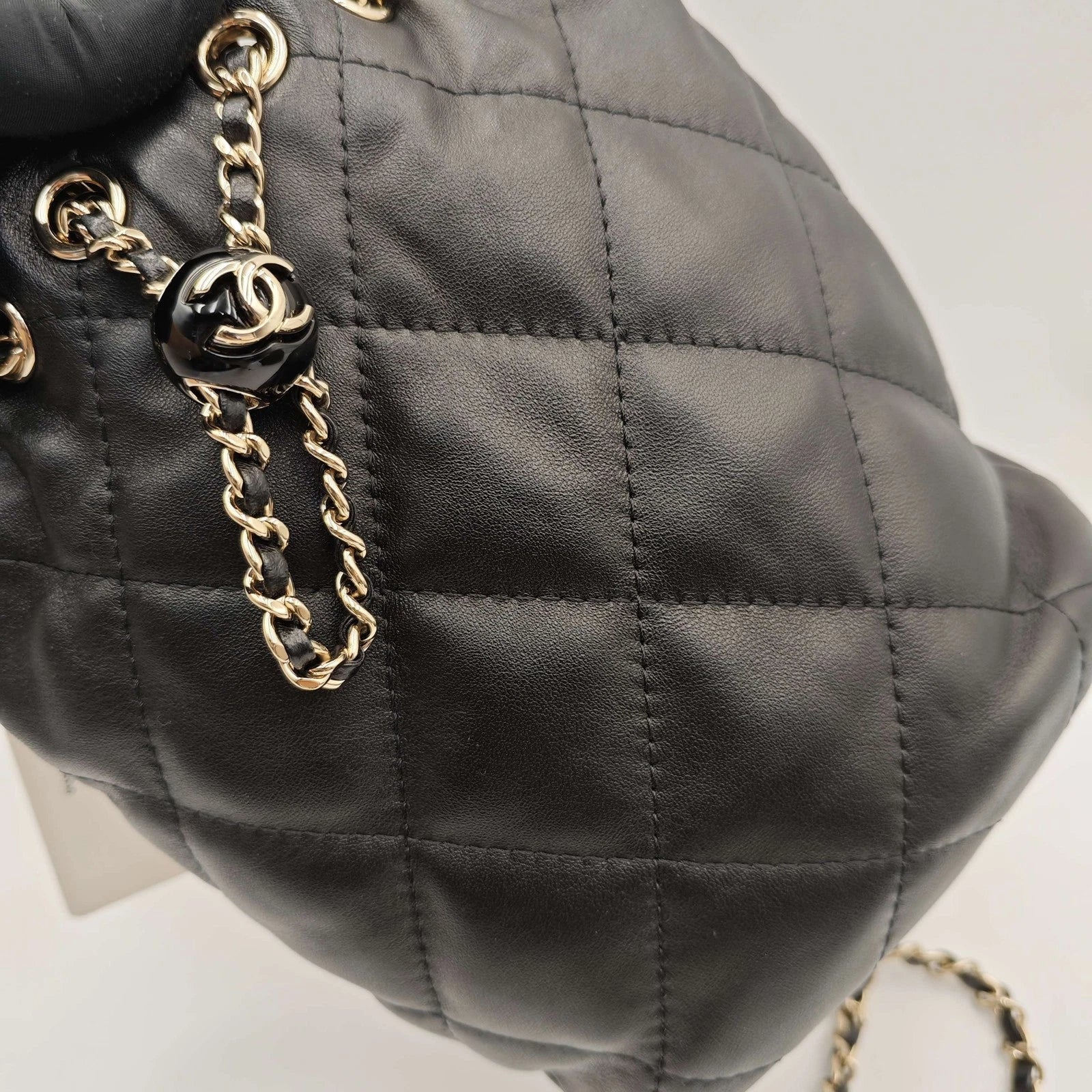 CHANEL Mini Black Gold Hardware Bucket Drawstring Backpack For Women