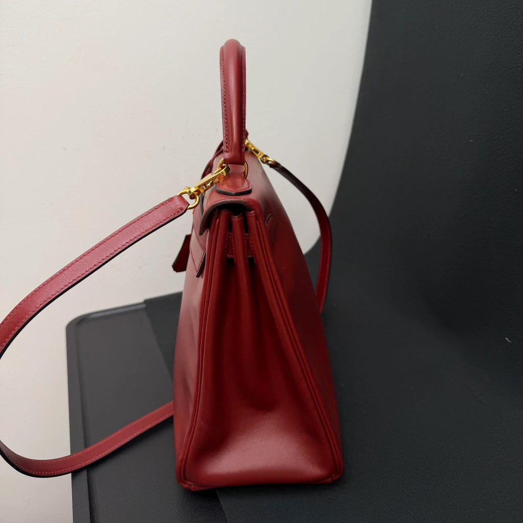 Hermes Kelly28 Top Handle Bag Crossbody Red Gold Used Women Classic Fashion